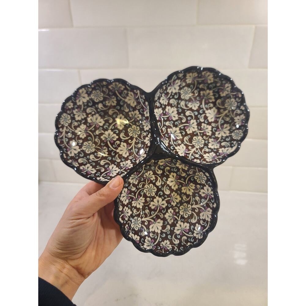 Authentic CHEZ GALIP Signed Triple Snack Bowl - Hand-Painted Turkish Ceramic